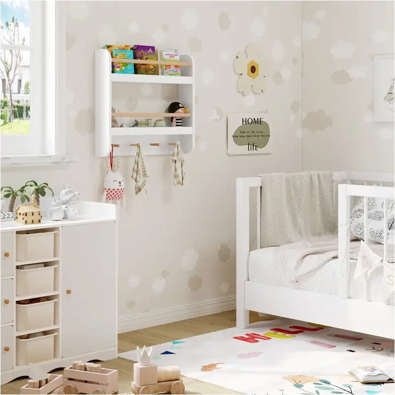 BukkitBow - Kinderboekenplank - Sterk MDF en Grenenhout - 2 Planken met 2 Stangen en 4 Haken - Wandmontage - 60x55x12cm