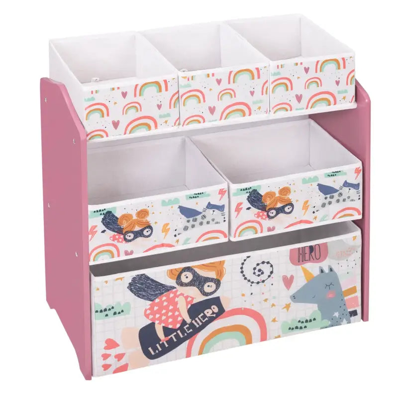 BukkitBow - Kinderen Opslag Plank - MDF en Massief Grenenhout - met 6 Stoffen Manden - Afgeronde Randen - Cartoon Ontwerp