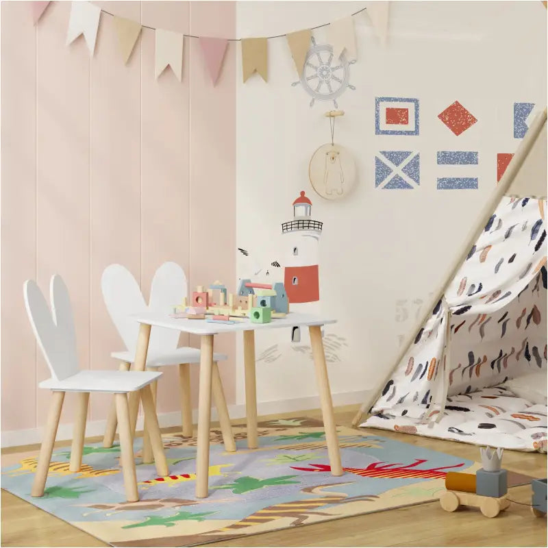BukkitBow - Kindertafel met Stoelen / Kindermeubelset - Konijnenoor Rugleuning Design - Tafel: 49.5x49.5x47cm