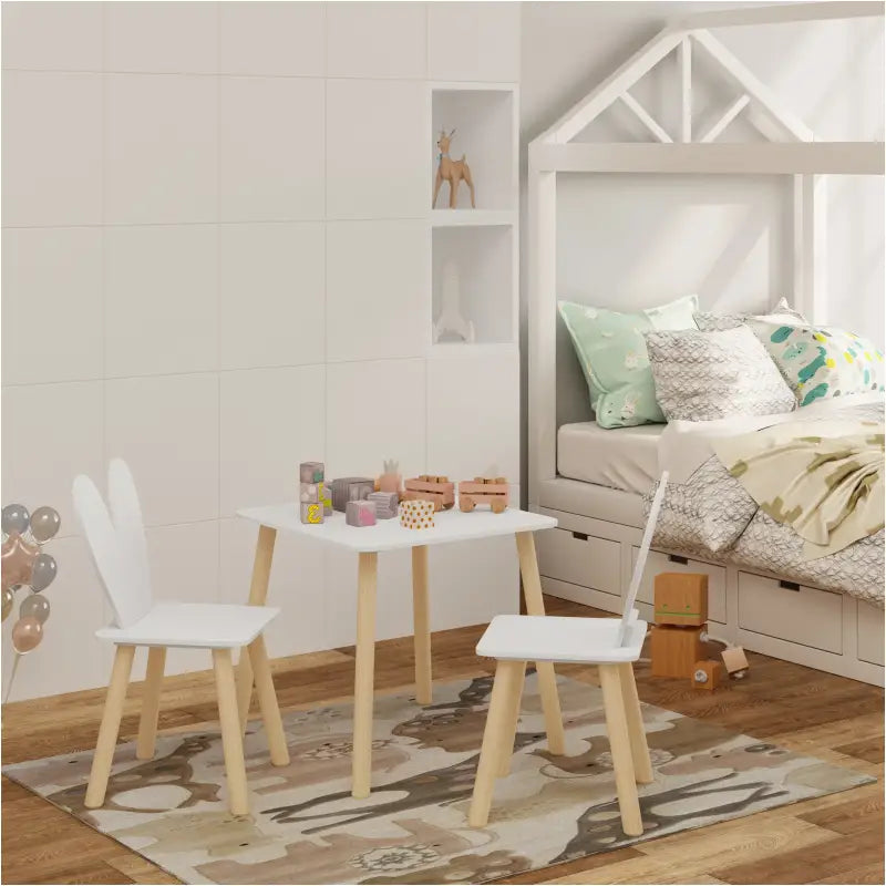 BukkitBow - Kindertafel met Stoelen / Kindermeubelset - Konijnenoor Rugleuning Design - Tafel: 49.5x49.5x47cm