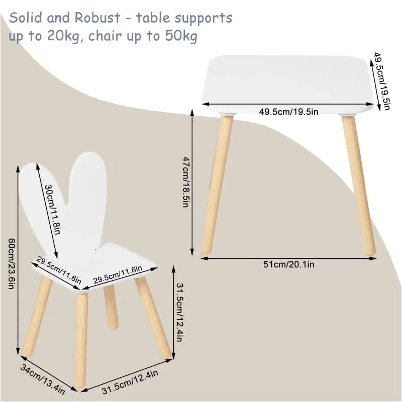 BukkitBow - Kindertafel met Stoelen / Kindermeubelset - Konijnenoor Rugleuning Design - Tafel: 49.5x49.5x47cm