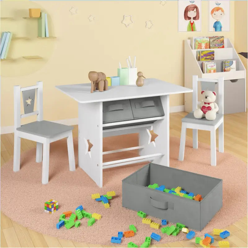 BukkitBow - Kindertafel met Stoelen / Kindermeubelset met Opslag - Wit met Grijs - Inclusief 3 Opbergmanden - Tafel: 72x49x50cm