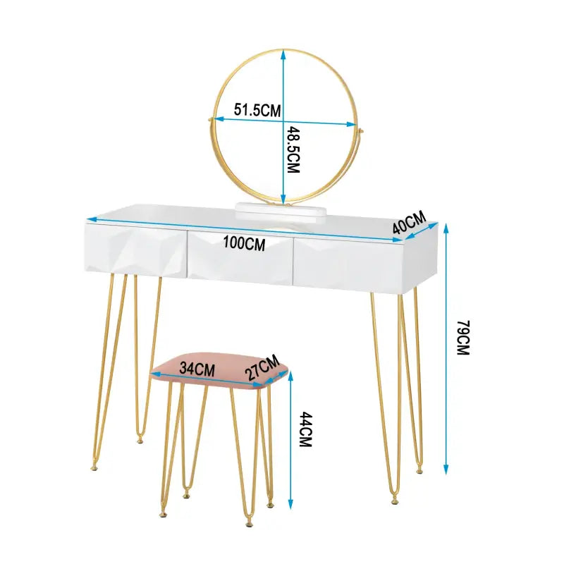 BukkitBow - Luxe Kaptafel met Kruk en 360 Graden Draaibare Ronde Spiegel - Met Gouden Poten en 3 Lades