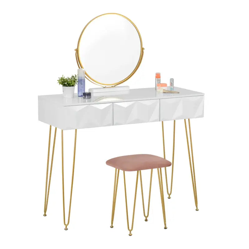 BukkitBow - Luxe Kaptafel met Kruk en 360 Graden Draaibare Ronde Spiegel - Met Gouden Poten en 3 Lades