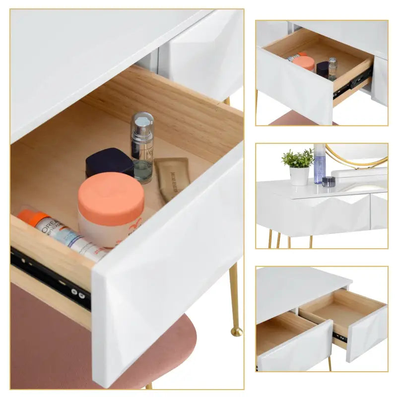 BukkitBow - Luxe Kaptafel met Kruk en 360 Graden Draaibare Ronde Spiegel - Met Gouden Poten en 3 Lades