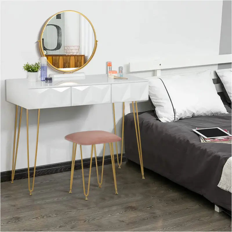 BukkitBow - Luxe Kaptafel met Kruk en 360 Graden Draaibare Ronde Spiegel - Met Gouden Poten en 3 Lades