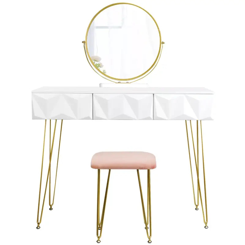 BukkitBow - Luxe Kaptafel met Kruk en 360 Graden Draaibare Ronde Spiegel - Met Gouden Poten en 3 Lades