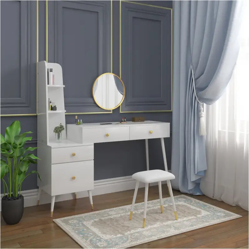 BukkitBow - Luxe Kaptafel met Kruk en Ronde Spiegel en Opbergkast - Gouden Poten
