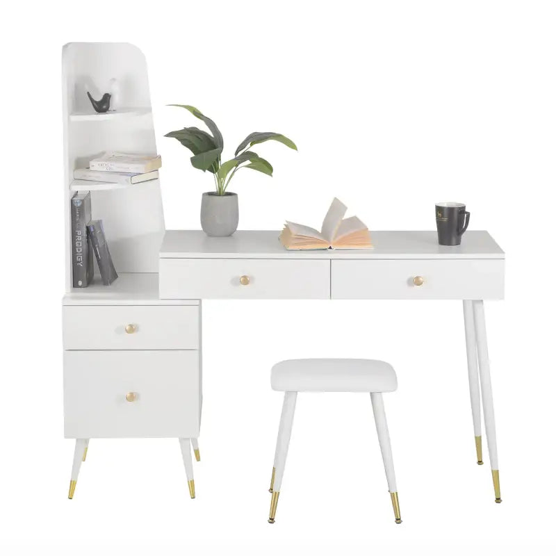 BukkitBow - Luxe Kaptafel met Kruk en Ronde Spiegel en Opbergkast - Gouden Poten