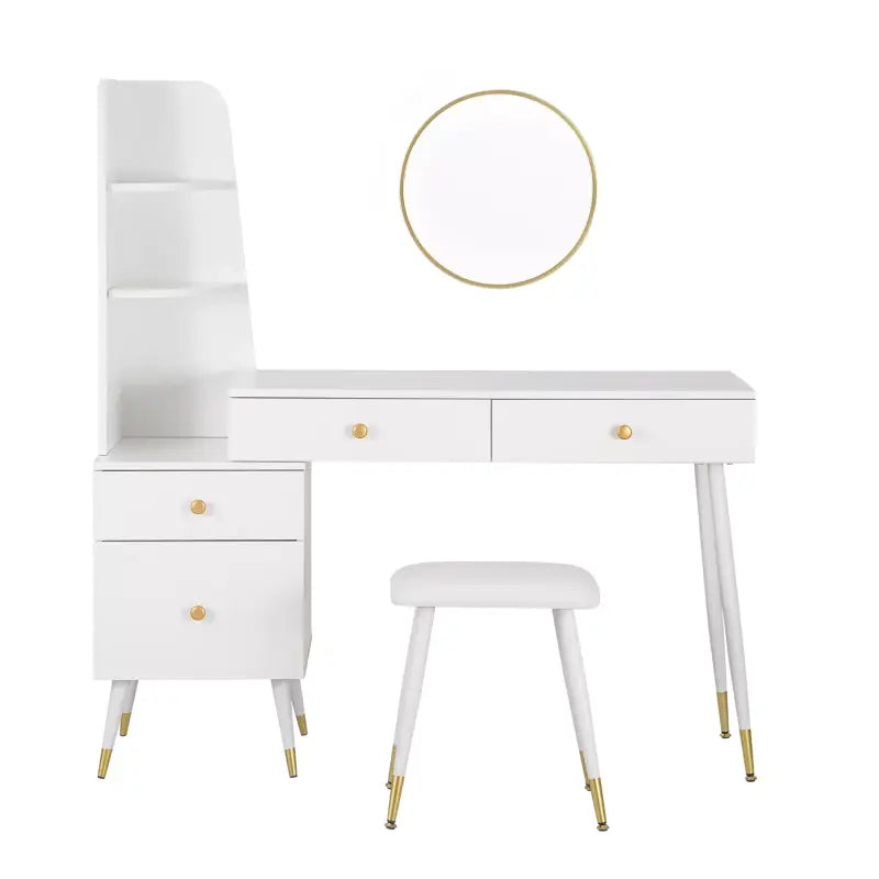 BukkitBow - Luxe Kaptafel met Kruk en Ronde Spiegel en Opbergkast - Gouden Poten
