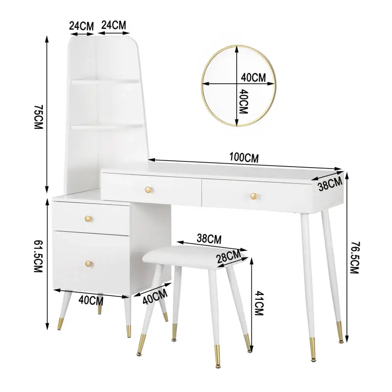 BukkitBow - Luxe Kaptafel met Kruk en Ronde Spiegel en Opbergkast - Gouden Poten