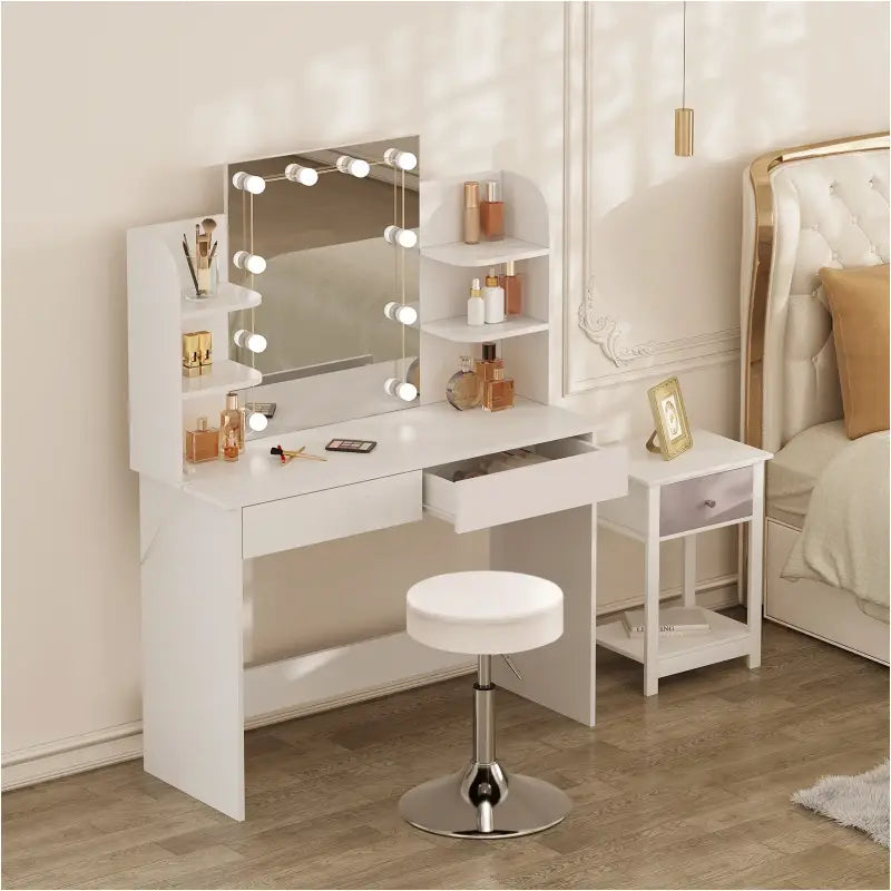 BukkitBow - Luxe Uitgebreide Kaptafel - met Kruk en Verlichte LED-Spiegel - Inclusief Lades en Opbergplankjes - Ideaal voor Make-UP - 108X40X142CM