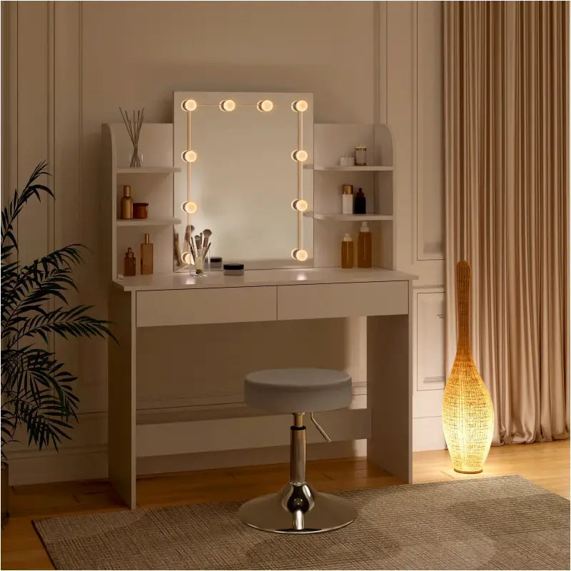 BukkitBow - Luxe Uitgebreide Kaptafel - met Kruk en Verlichte LED-Spiegel - Inclusief Lades en Opbergplankjes - Ideaal voor Make-UP - 108X40X142CM