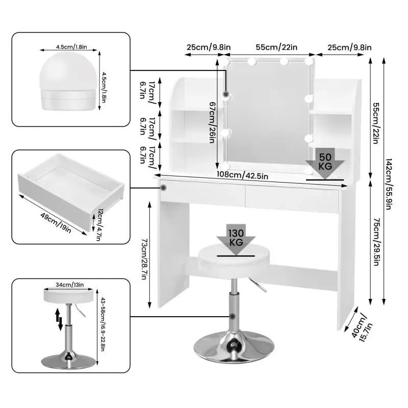 BukkitBow - Luxe Uitgebreide Kaptafel - met Kruk en Verlichte LED-Spiegel - Inclusief Lades en Opbergplankjes - Ideaal voor Make-UP - 108X40X142CM