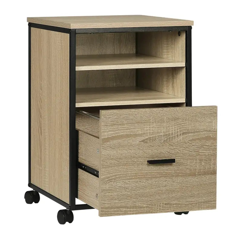 BukkitBow - Mobiele Compacte Archiefkast/Bijzettafel/Nachtkastje - Met 2 Planken en Lade voor Opbergruimte - Zwart Metaal met Eikenhout (40X40X60CM)