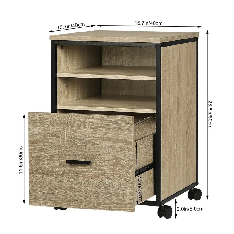 BukkitBow - Mobiele Compacte Archiefkast/Bijzettafel/Nachtkastje - Met 2 Planken en Lade voor Opbergruimte - Zwart Metaal met Eikenhout (40X40X60CM)