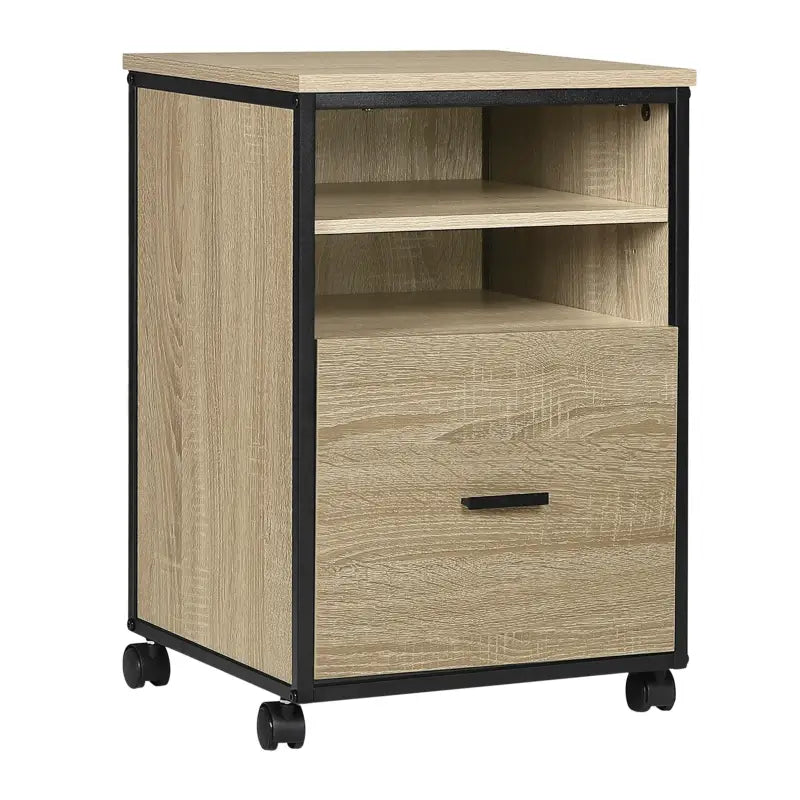 BukkitBow - Mobiele Compacte Archiefkast/Bijzettafel/Nachtkastje - Met 2 Planken en Lade voor Opbergruimte - Zwart Metaal met Eikenhout (40X40X60CM)