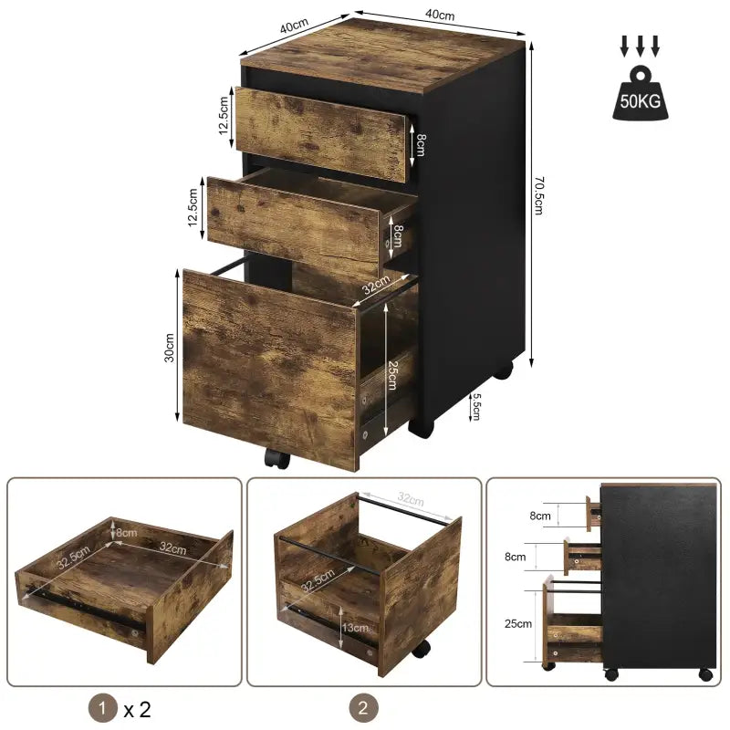 BukkitBow - Mobiele Compacte Archiefkast/Bijzettafel/Nachtkastje - Met 3 Lades Opbergruimte - Zwart Metaal of Licht/Donker Eikenhout (40X40X70CM)