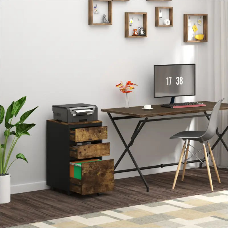 BukkitBow - Mobiele Compacte Archiefkast/Bijzettafel/Nachtkastje - Met 3 Lades Opbergruimte - Zwart Metaal of Licht/Donker Eikenhout (40X40X70CM)