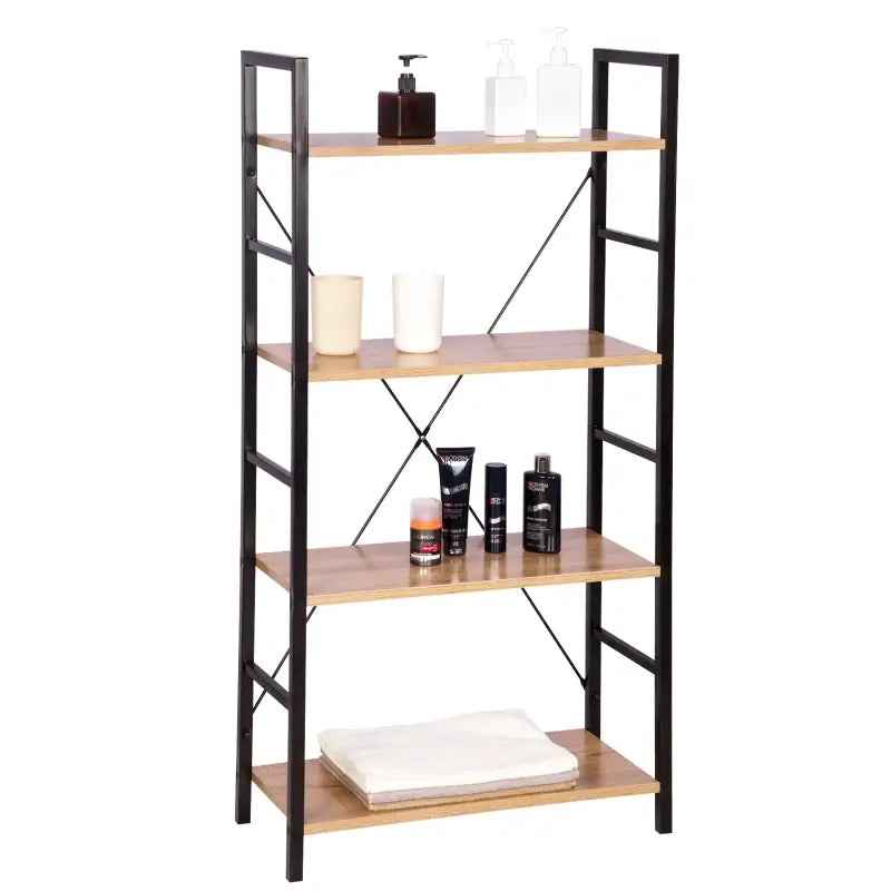 BukkitBow - Moderne Boekenkast / Boekenrek - 4 Lagen - Zwart Metaal met Licht Eikenhouten Planken - 60X28X116CM