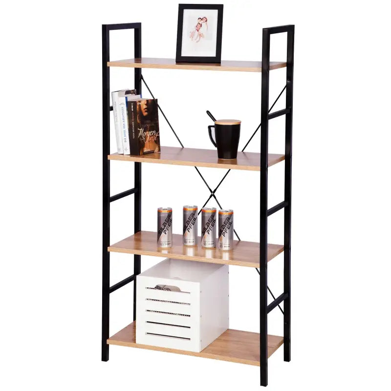 BukkitBow - Moderne Boekenkast / Boekenrek - 4 Lagen - Zwart Metaal met Licht Eikenhouten Planken - 60X28X116CM