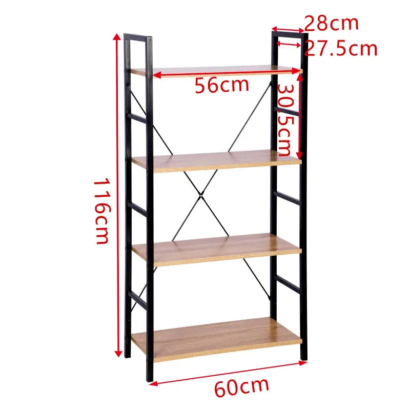 BukkitBow - Moderne Boekenkast / Boekenrek - 4 Lagen - Zwart Metaal met Licht Eikenhouten Planken - 60X28X116CM
