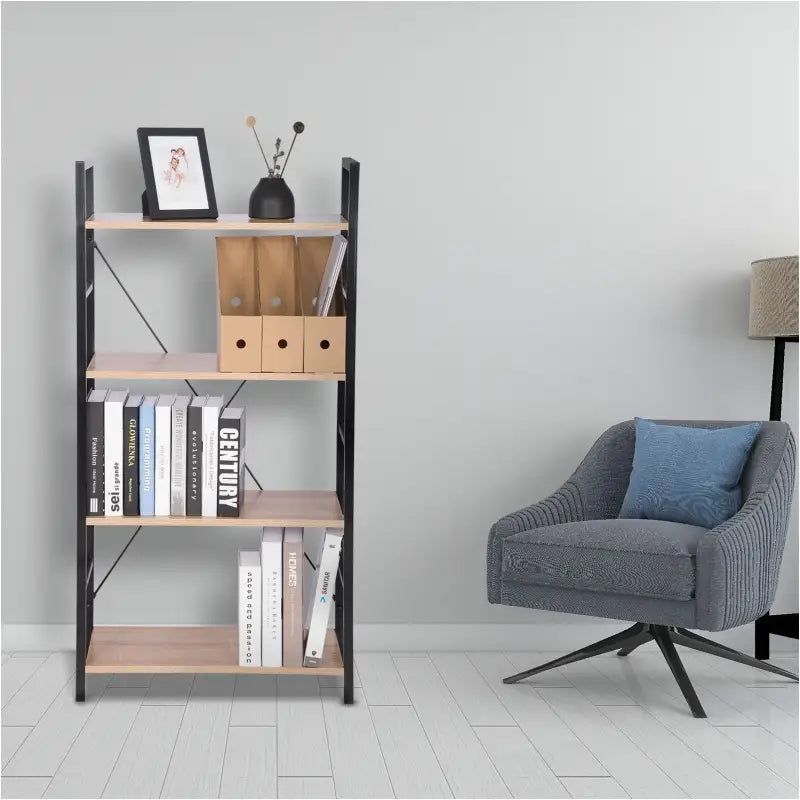 BukkitBow - Moderne Boekenkast / Boekenrek - 4 Lagen - Zwart Metaal met Licht Eikenhouten Planken - 60X28X116CM