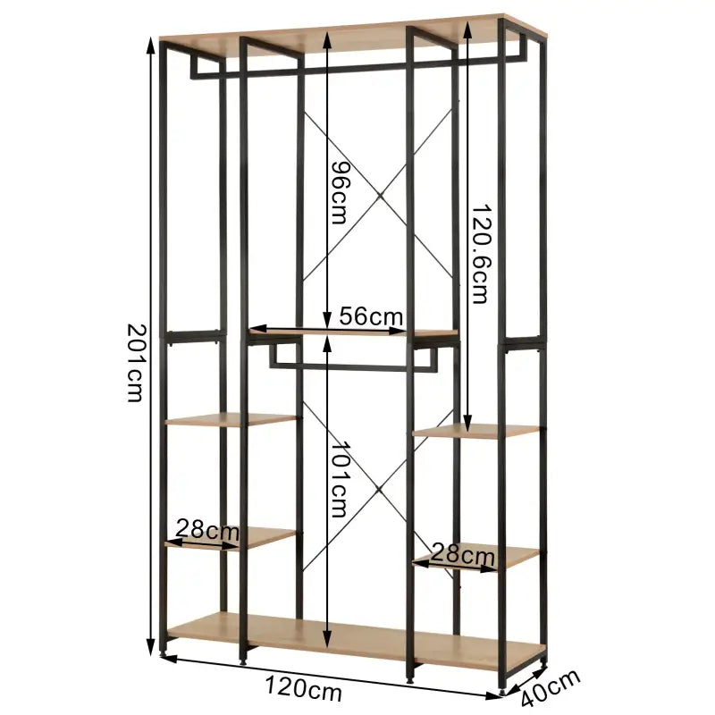 BukkitBow - Multifunctioneel Kledingrek - Zwart met Eikenhout - Vervaardigd Hout en Stalen Buizen - 120x40x201cm
