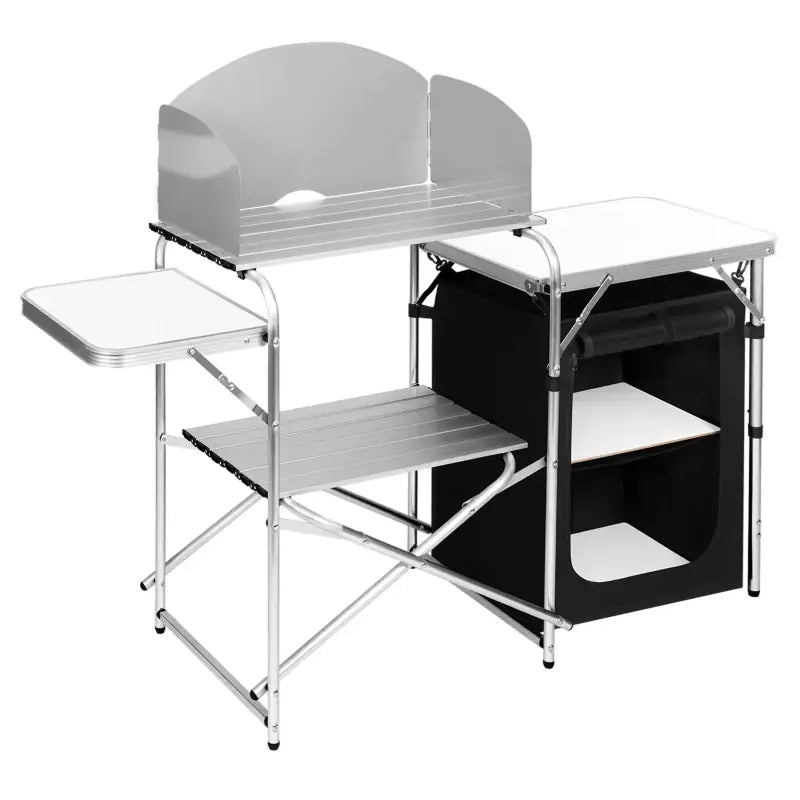 BukkitBow - Multifunctionele Campingkeuken - Roestvrij Staal met MDF en Oxford-Doek - 60kg Laadcapaciteit - Opbergtas Inbegrepen - 147x40x111cm