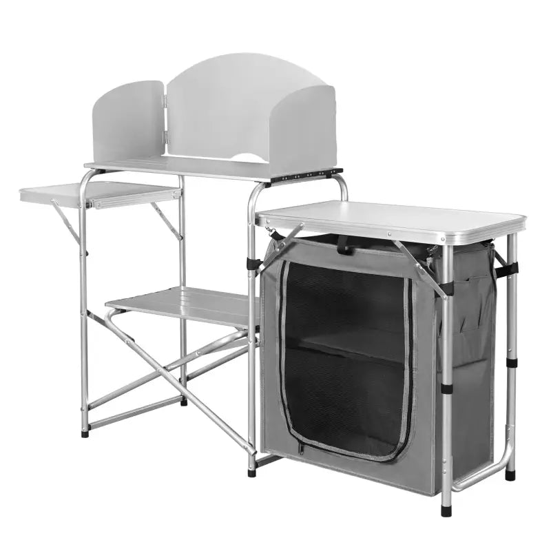 BukkitBow - Multifunctionele Campingkeuken - Roestvrij Staal met MDF en Oxford-Doek - 60kg Laadcapaciteit - Opbergtas Inbegrepen - 147x40x111cm