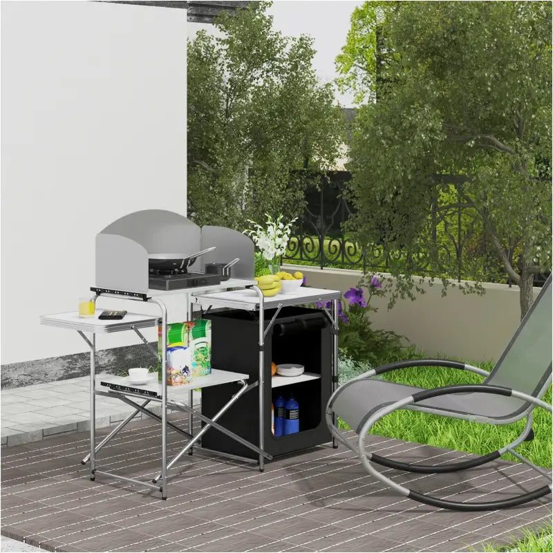 BukkitBow - Multifunctionele Campingkeuken - Roestvrij Staal met MDF en Oxford-Doek - 60kg Laadcapaciteit - Opbergtas Inbegrepen - 147x40x111cm