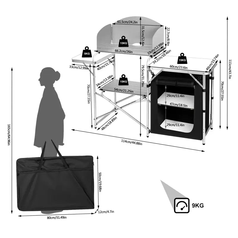 BukkitBow - Multifunctionele Campingkeuken - Roestvrij Staal met MDF en Oxford-Doek - 60kg Laadcapaciteit - Opbergtas Inbegrepen - 147x40x111cm