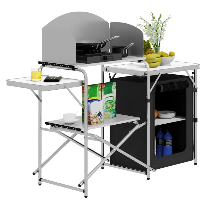 BukkitBow - Multifunctionele Campingkeuken - Roestvrij Staal met MDF en Oxford-Doek - 60kg Laadcapaciteit - Opbergtas Inbegrepen - 147x40x111cm