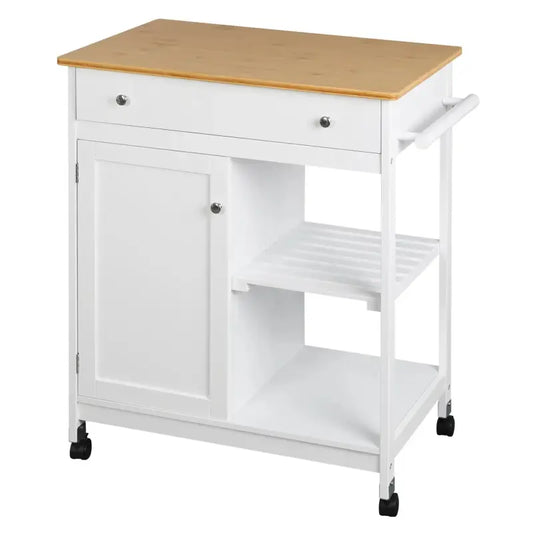 BukkitBow - Multifunctionele Keukentrolley met Bamboe Werkblad, Ruime Opslag, 360° Zwenkwielen - 75x89x44cm