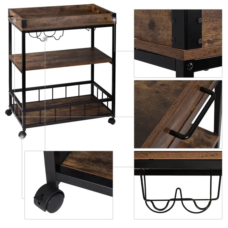 BukkitBow - Multifunctionele Keukentrolley met Wijnrek en Glas Houder, Duurzame MDF en Metalen Frame - 69.5x39.5x85cm