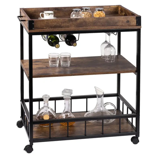 BukkitBow - Multifunctionele Keukentrolley met Wijnrek en Glas Houder, Duurzame MDF en Metalen Frame - 69.5x39.5x85cm
