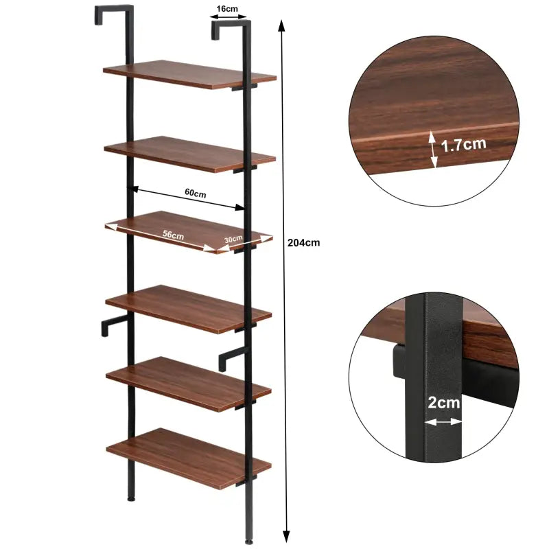 BukkitBow - Multifunctionele Ladderrek / Trappenrek - Stalen Frame - 6 Planken - Donker Eikenhout & Zwart Frame - 60x204x30cm