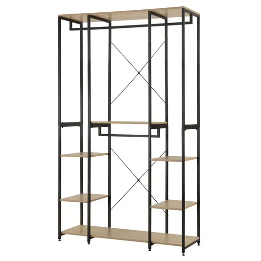 BukkitBow - Multifunctionele Open Garderobe - Met 4 Kledingrails - Stalen Frame met Eikenhout - Max 30 kg per Plank - 120x40x201cm