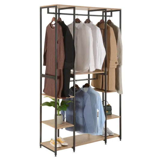 BukkitBow - Multifunctionele Open Garderobe - Met 4 Kledingrails - Stalen Frame met Eikenhout - Max 30 kg per Plank - 120x40x201cm