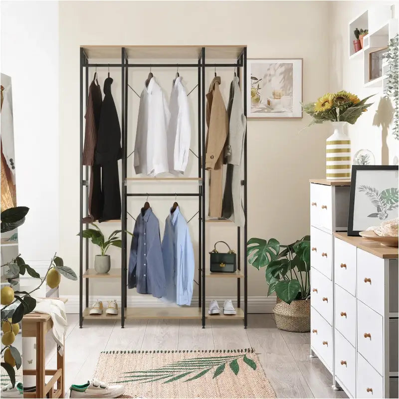 BukkitBow - Multifunctionele Open Garderobe - Met 4 Kledingrails - Stalen Frame met Eikenhout - Max 30 kg per Plank - 120x40x201cm