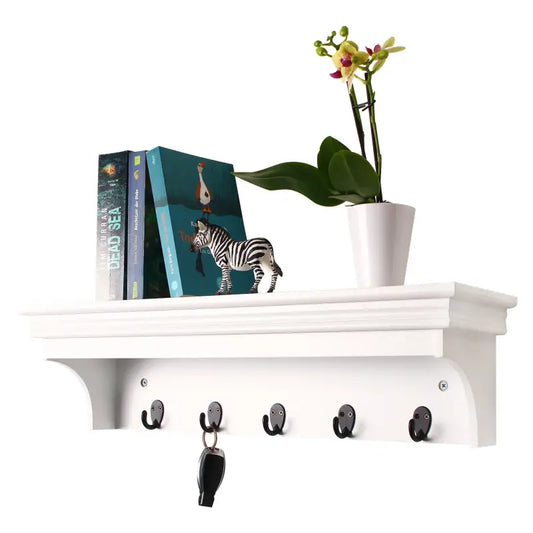 BukkitBow - Muurplank / Kapstok - Hoge Kwaliteit MDF Hout - Mat Wit - Barok Design met 5 Haken - 60x16x16 cm