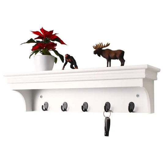 BukkitBow - Muurplank / Kapstok - Hoge Kwaliteit MDF Hout - Mat Wit - Barok Design met 5 Haken - 60x16x16 cm