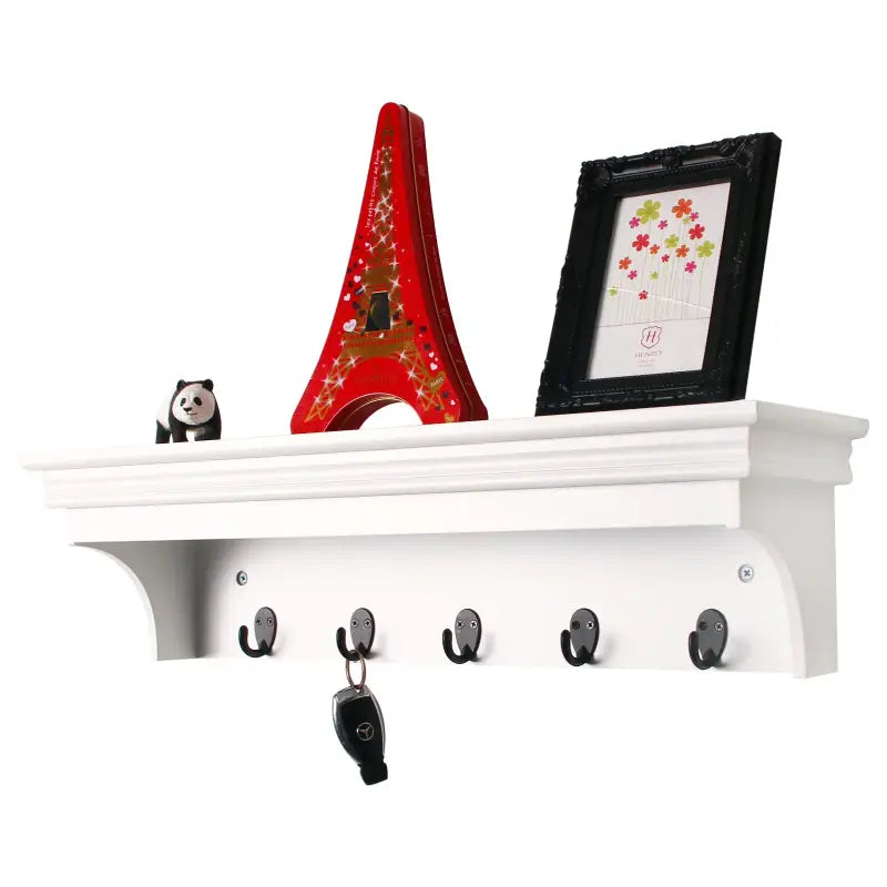BukkitBow - Muurplank / Kapstok - Hoge Kwaliteit MDF Hout - Mat Wit - Barok Design met 5 Haken - 60x16x16 cm