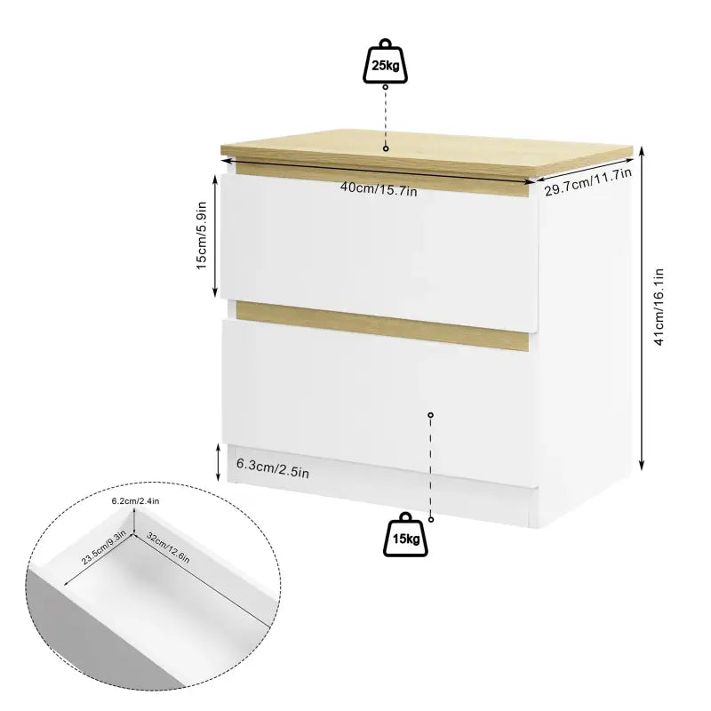 BukkitBow - Nachtkastje met 2 Lades - Stevig Materiaal - Set van 1 of 2 Nachtkastjes - Wit en Licht Eiken Hout - Laadvermogen: 30kg - 40x41x30cm