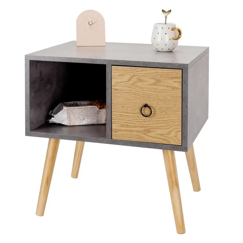 BukkitBow - Nachtkastje met Lade - MDF en Massief Hout - Wit of Grijs met Eikenhout - Max Belasting: 5kg - 48x40x50cm