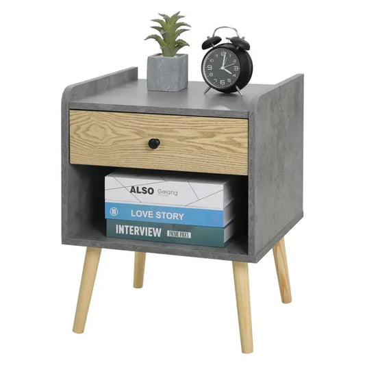 BukkitBow - Nachtkastje met Lade - Sterk Hout met Massief Houten Poten - Grijs met Licht Eikenhout - Max Belasting: 30kg - 44x55.7x41cm