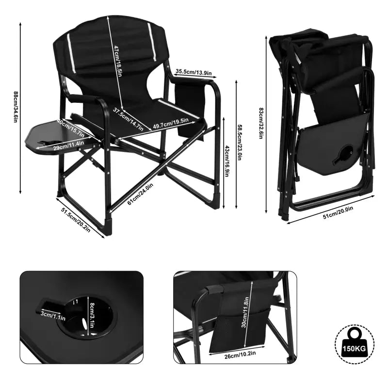 BukkitBow - Opvouwbare Campingstoel - Versterkt Aluminium en Oxford Stof - 150 kg Draagvermogen - Inclusief Tafeltje en Bekerhouder