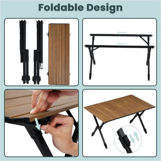 BukkitBow - Opvouwbare Campingtafel - Aluminium en Kunststof - Verstelbare Hoogte - 50 kg Draagvermogen - Houtlook