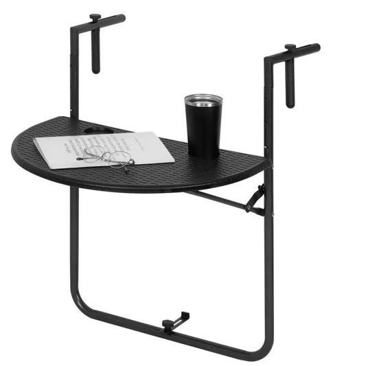BukkitBow - Opvouwbare Hangende Balkontafel - 10kg Gewichtscapaciteit - In Hoogte Verstelbaar - met Bekerhouders - Weerbestendig - 60x(74-84.5)x62cm