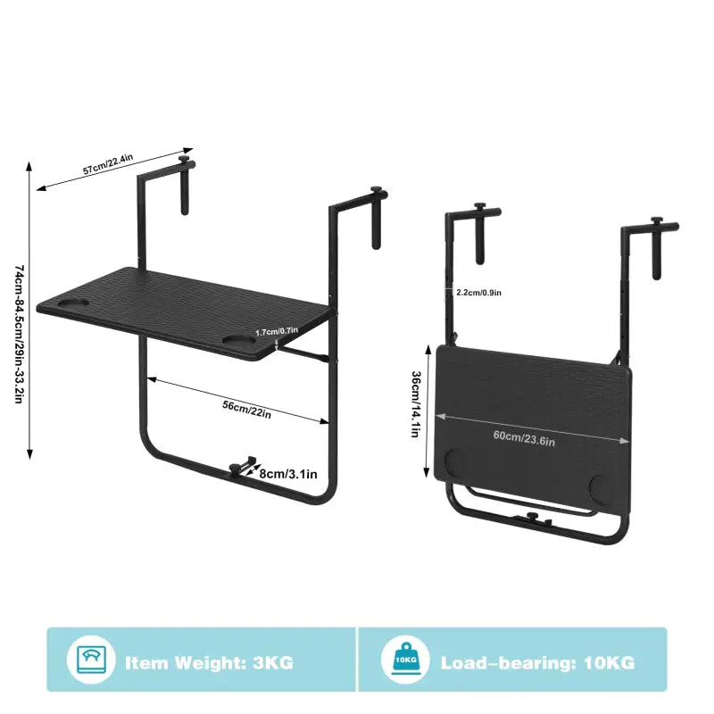 BukkitBow - Opvouwbare Hangende Balkontafel - PE en Metaal - 0kg Gewichtscapaciteit - Verstelbaar en Ruimtebesparend Design - 60x(74-84,5)x57cm
